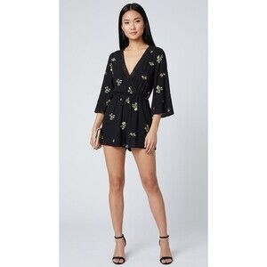 Zara Romper Jumper Womens Small Black Floral V Neck Bell Sleeve Pockets Lined